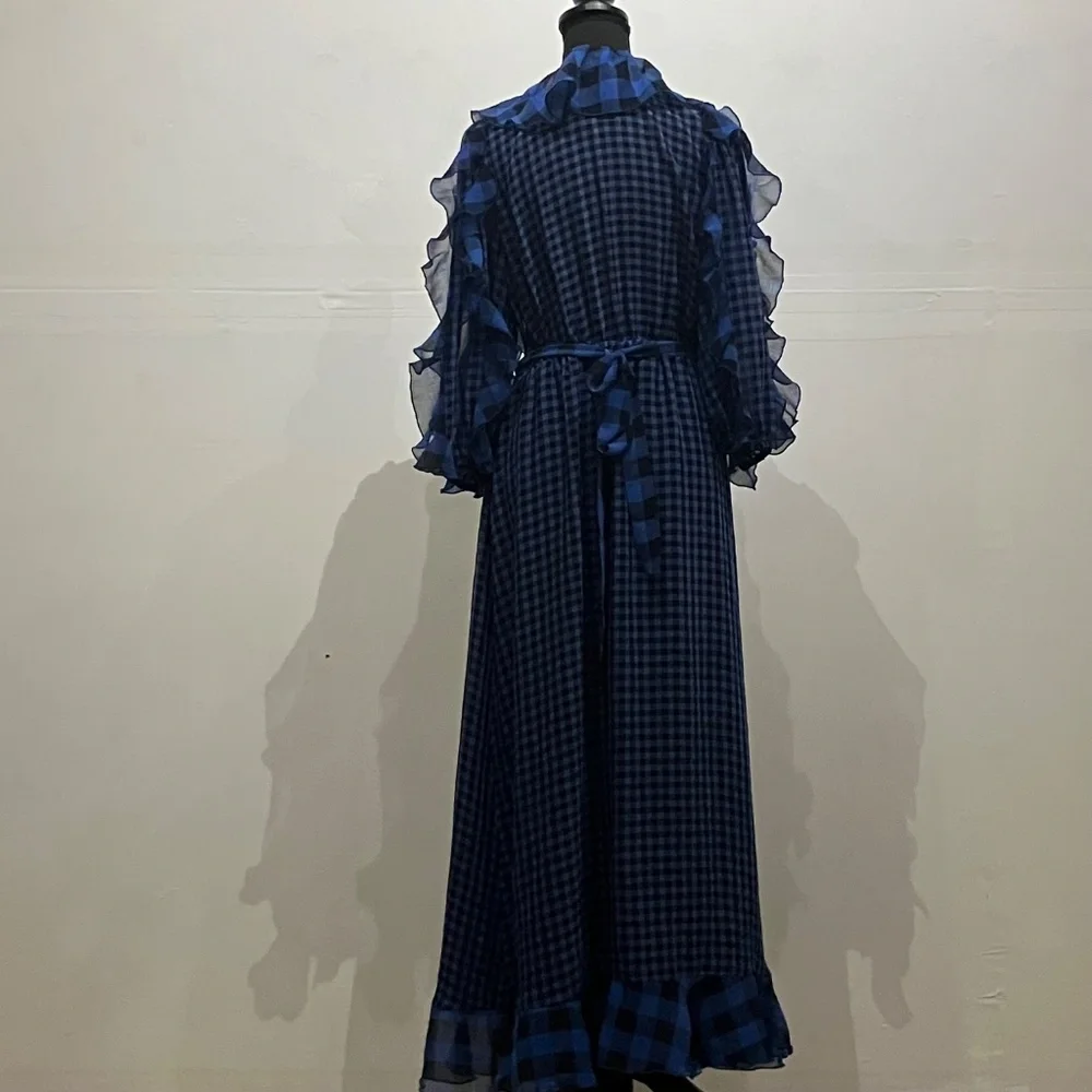 Tularosa blue and black, long sleeve gingham wrapped dress - Picture 8 of 10